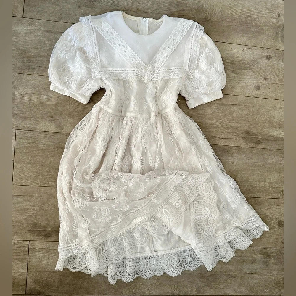 VINTAGE Gunne Sax Jessica McClintock Girls Lace Dress Size 7 Back Zip Lined
